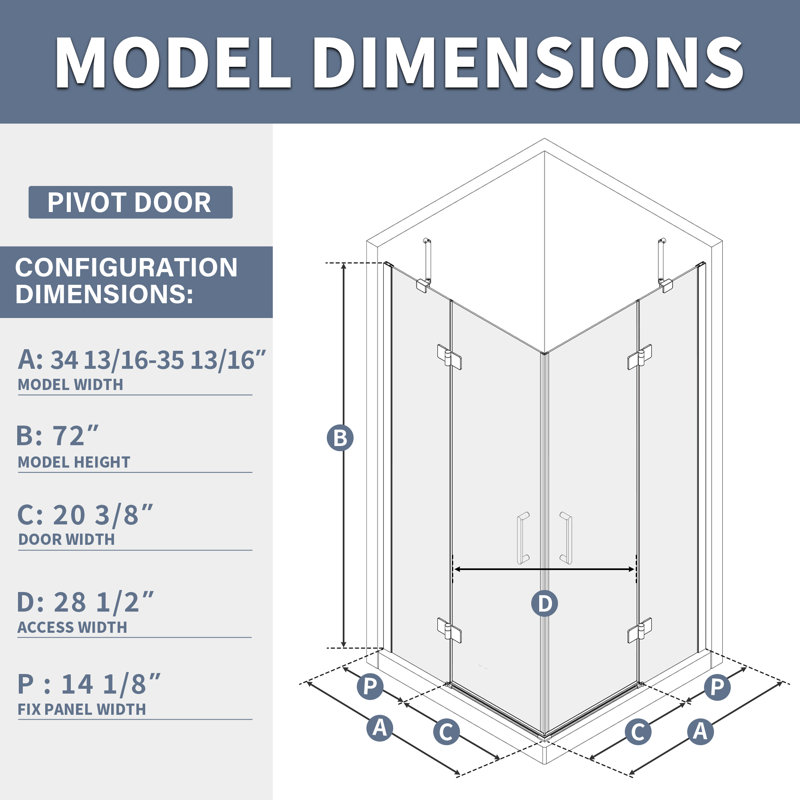 36'' W x 36'' D x 72'' H Frameless Square Shower Enclosure