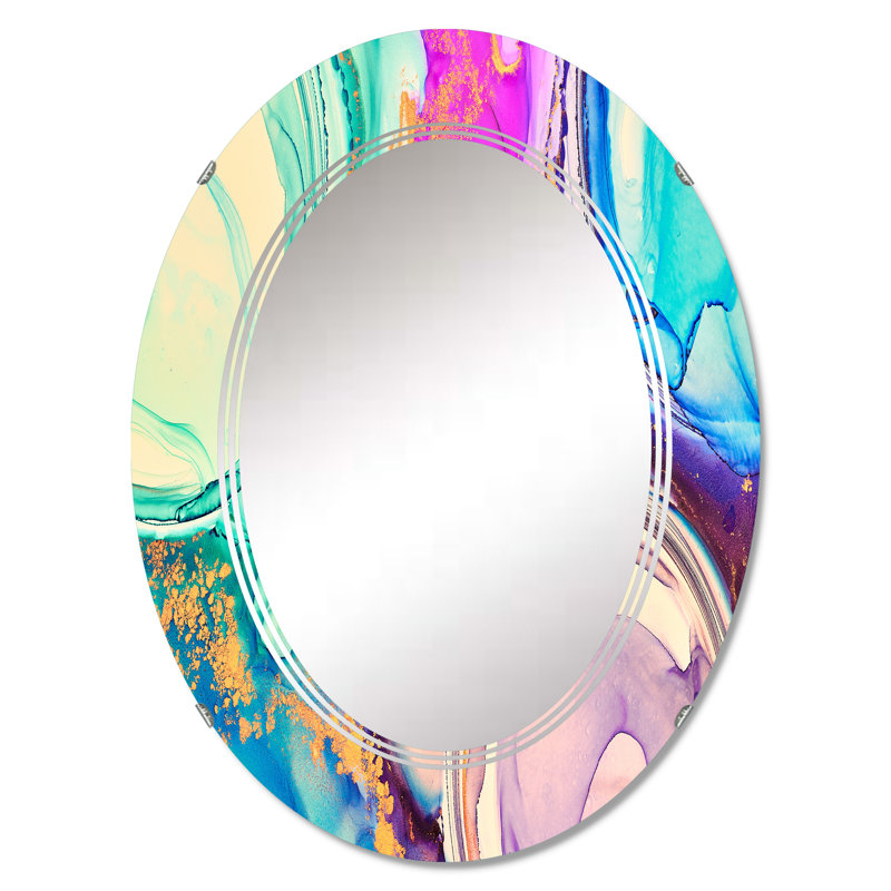 Mauve et turquoise, art abstrait fluide de luxe - miroir mural moderne ovale, 30 po x 20 po