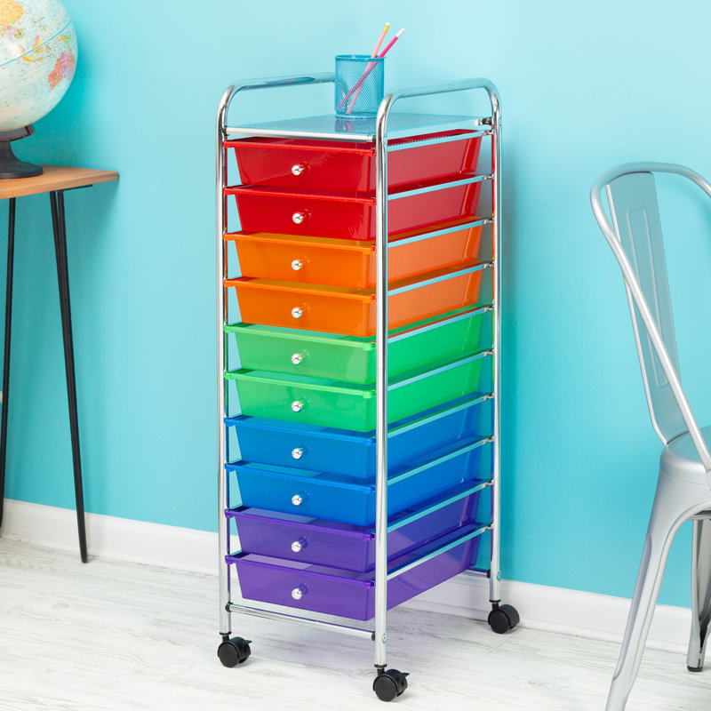 Multi-Color 10-Drawer Rolling Storage Cart with Chrome Frame