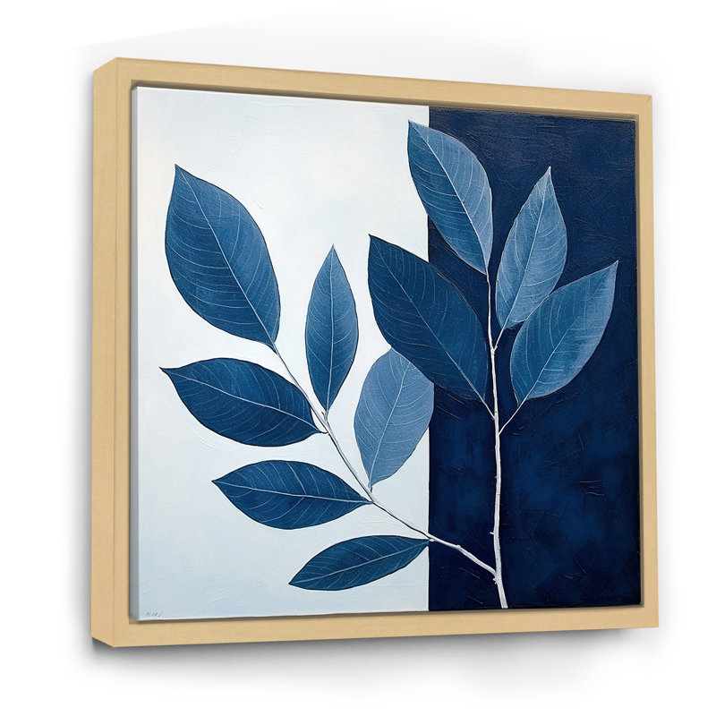 Blue Indigo Leaves Harmony I, Cadre naturel flottant, H 16 po x l 16 po