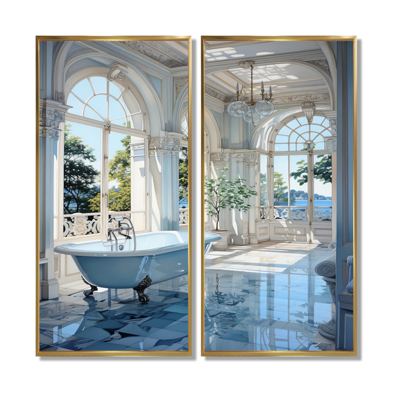 «Bathroom Tranquil Reflections», impression d'art sur toile, ensemble d'humour bleu, H 20 po x l 24 po, Cadre flottant, Doré