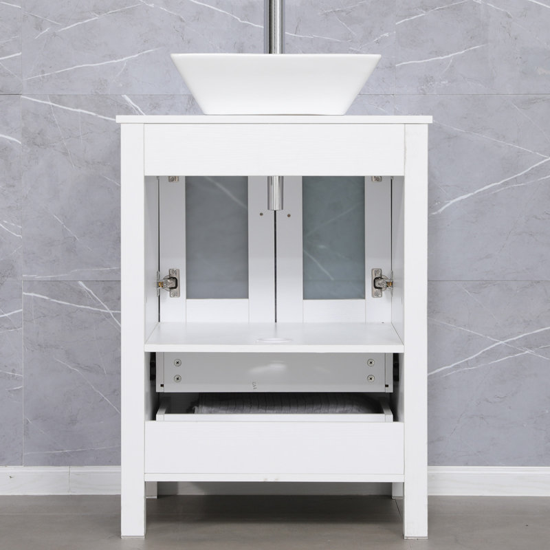 24'' White MDF Freestanding Bathroom Vanity with Ceramic Vessel Sink
