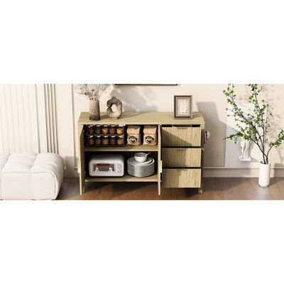 U-Style Sideboard With 3 Drawers, Modern Wave-Pattern Buffet Cabinet Hooks And Extra Center Leg For Entryway, Featuring Multi-Functional Use Flexible Design Hallway,