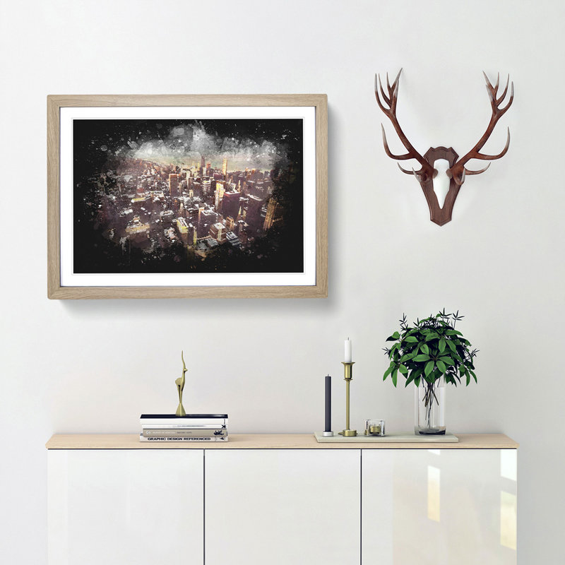 Flying over the Chicago Skyline - Picture Frame Graphic Art Print, 62cm H x 87cm W x 2cm D, Oak Framed