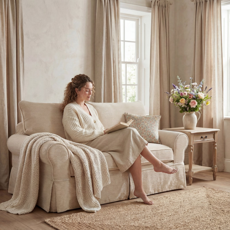Boneless Slipcover Loveseat with Soft Rounded Arms, Beige