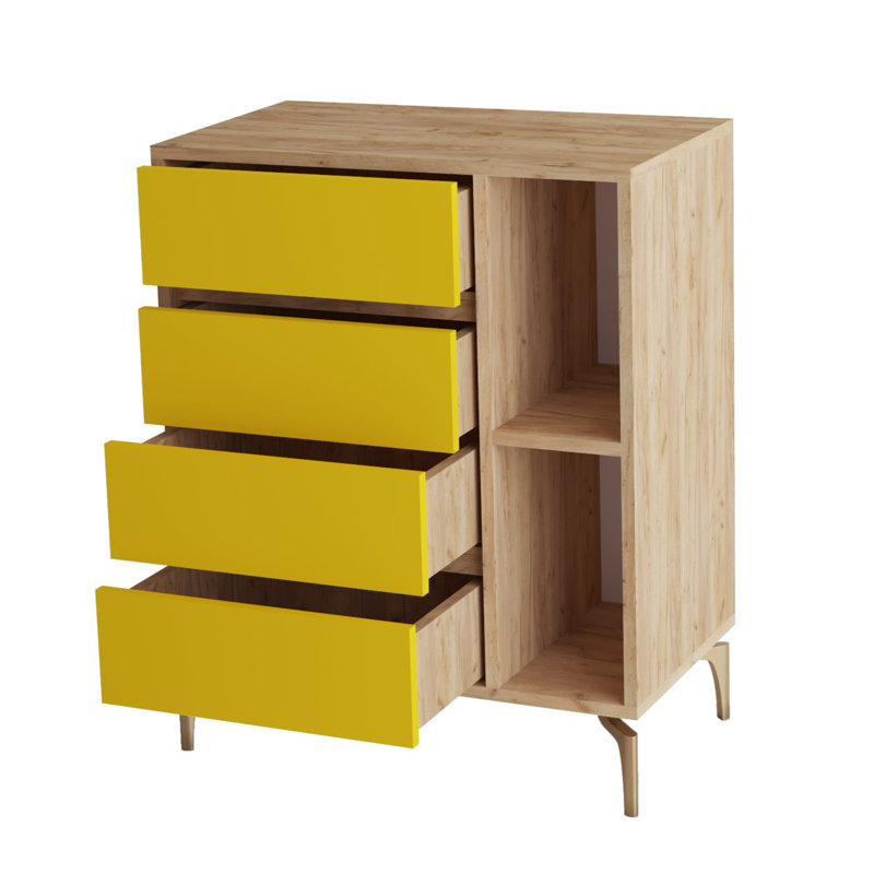 Commode décorative 4 tiroirs, Chêne / jaune