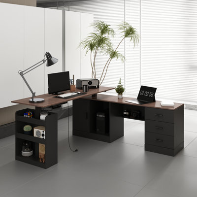 63'' L-Shaped Electric Standing Desk With Drawers, Adjustable Height Workstation With Storage Shelves And Cabinet, Sit-Stand Home Office Corner Desk