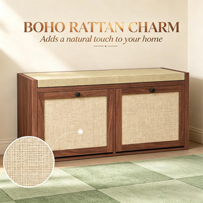 Banc de rangement pour chaussures avec siège rembourré et portes en rotin