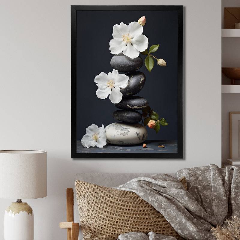 Décoration murale zen sérénité fleurs blanches pierre noire Cairn I - Pierre spirituelle, H 40 po x l 30 po x P 1,5 po