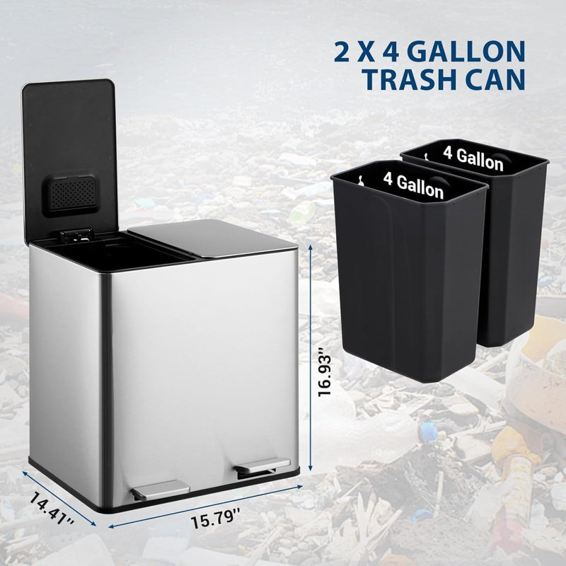 Poubelle à pédale double en acier inoxydable 2 x 4 gallons (2 x 15 L), poubelle rectangulaire pour cuisine avec 2 compartiments, seaux intérieurs amovibles, couvercle à fermeture en douceur