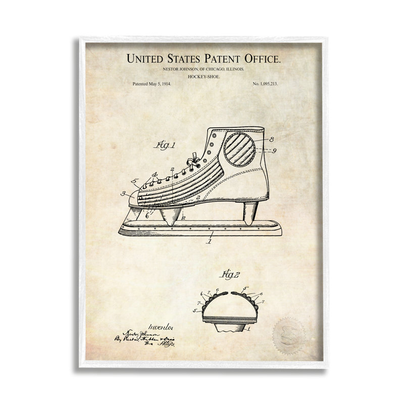 Schéma de la chaussure de hockey, L 16 po x H 16 po, Giclée encadrée blanc bord de mer