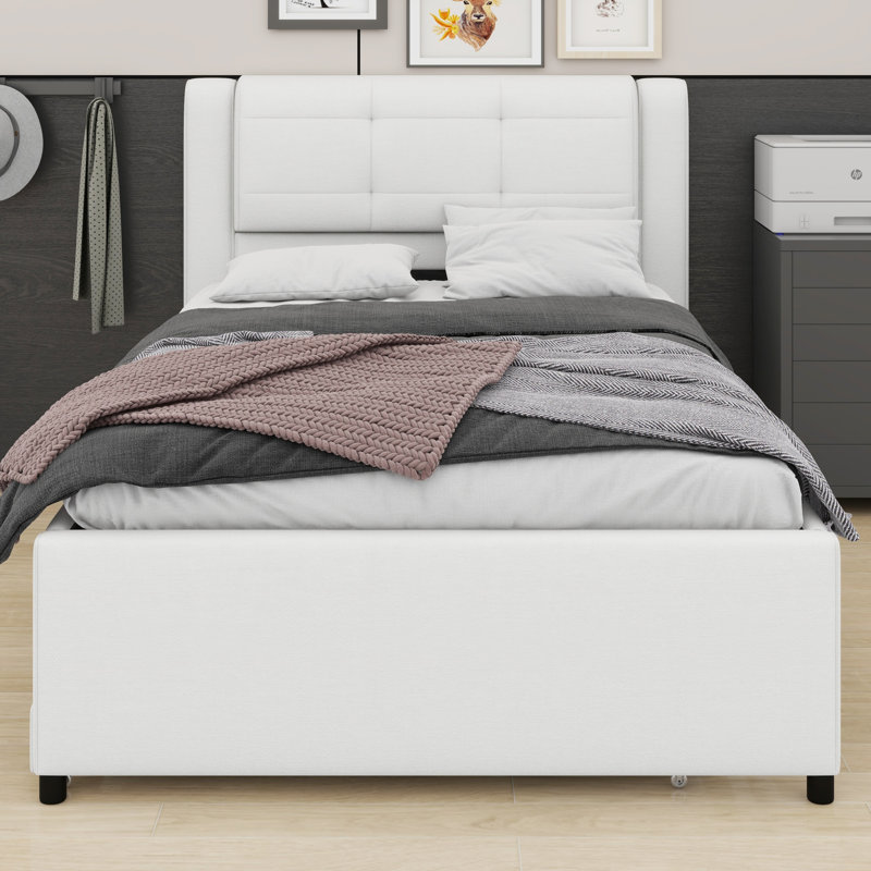 Lit plateforme tapissier contemporain avec lit gigogne escamotable, Beige