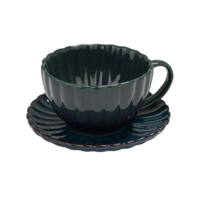Tasse en grès nervuré avec soucoupe en glacis réactif
