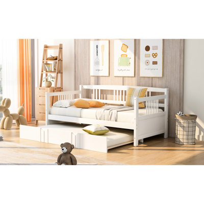 Daybed With Twin Trundle In White Color, Solid Wood For Multipurpose Living Size Trundle, Strong Bedroom And Area Style