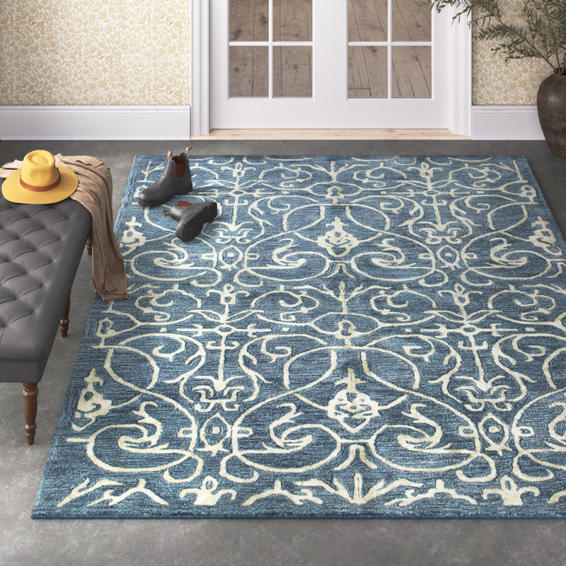 Waylon Handmade Tufted Azure/Ivory Area Rug, Rectangle 7'9" x 9'9"