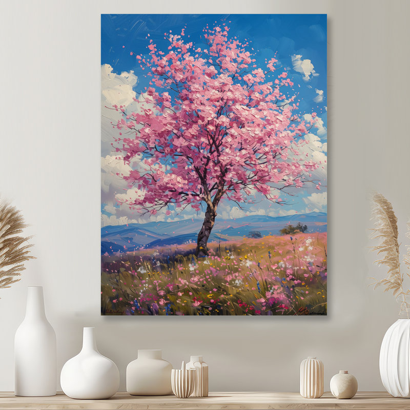 Décoration florale de cerisier rose bleu - III, Métal métal, H 44 po x l 34 po