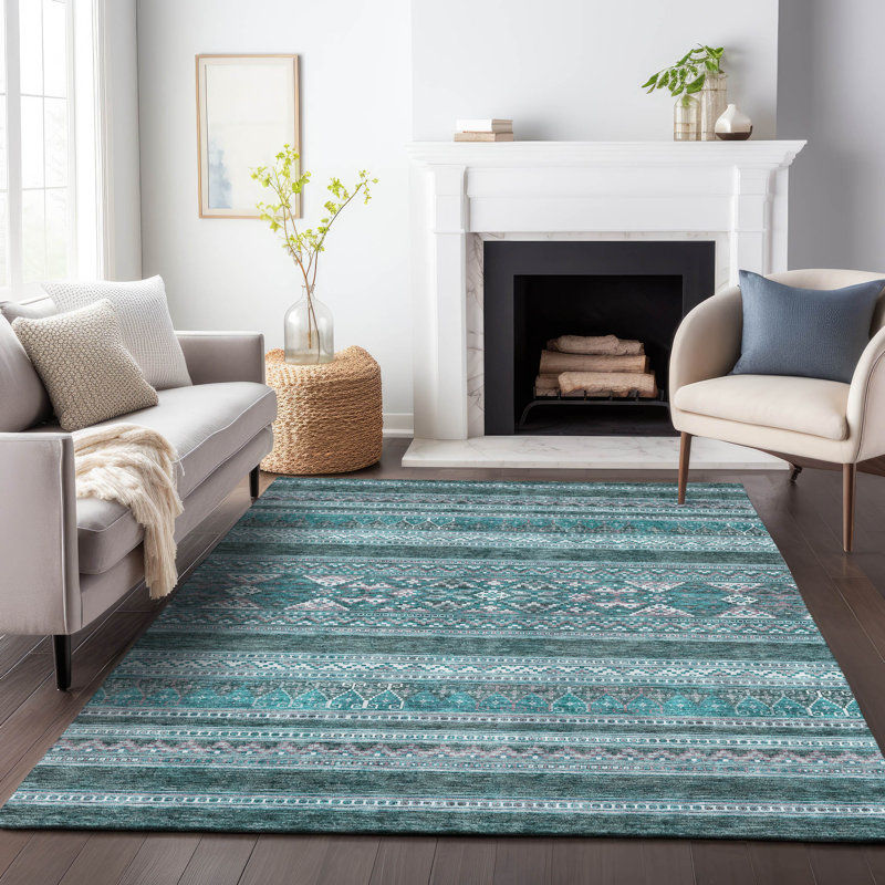 Premium Machine Washable Prisco Teal Rug, Rectangle 8' x 10'