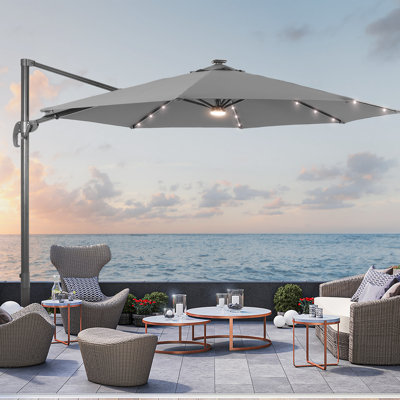 Luxury Shade: 10FT LED Cantilever Umbrella with Solution-Dyed Fabric, Aluminum Frame, and 360° Rotation