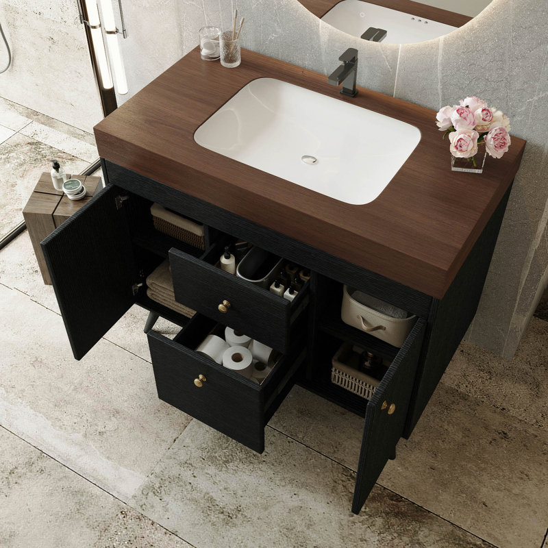 Meuble-lavabo autoportant moderne de 36 po avec plateau en pierre frittée, lavabo en céramique et rangement intelligent