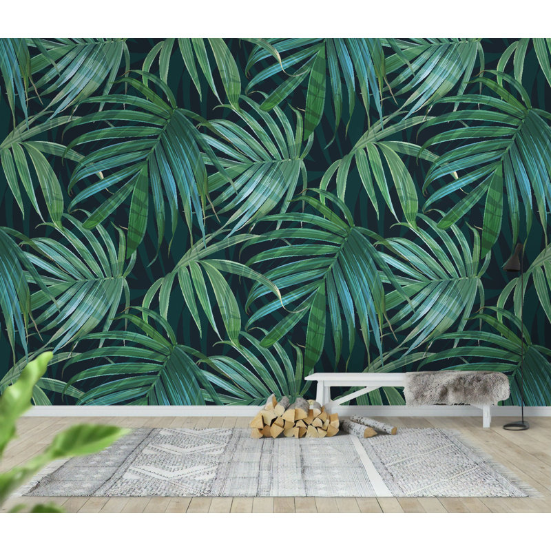 Papier peint amovible à motif de feuilles tropicales vert foncé, L 9 po x l 15 po