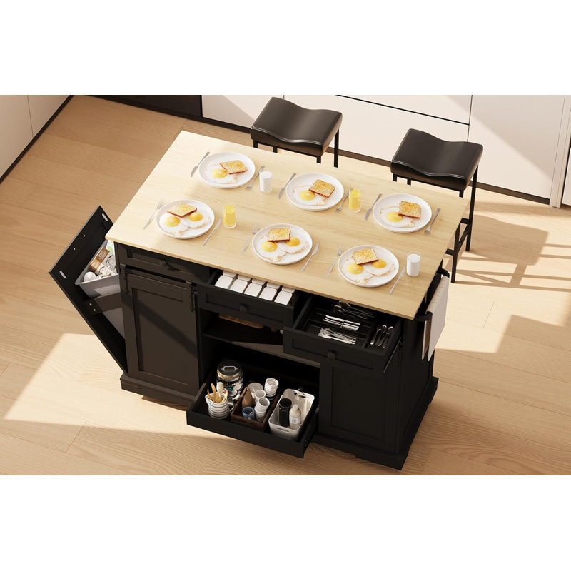 Large Rolling Kitchen Island Cart with Power Outlet, 3 Drawers, Drop Leaf, Trash Can Storage, Spice Rack & Towel Rack, 54" Mobile Table