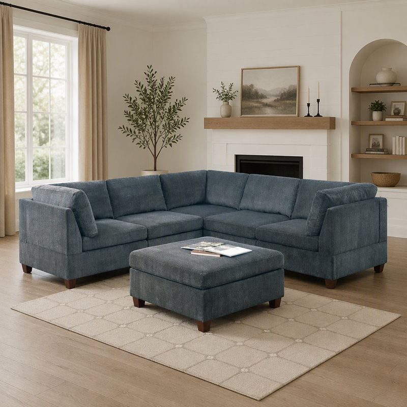 Ensemble modulaire en L gris avec canapé d'angle, fauteuils sans accoudoirs et repose-pieds en chenille gris 6 pièces
