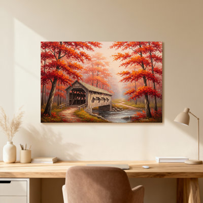 Plants &Flowers  Covered Bridge Among The Autumn Orange And Red Trees