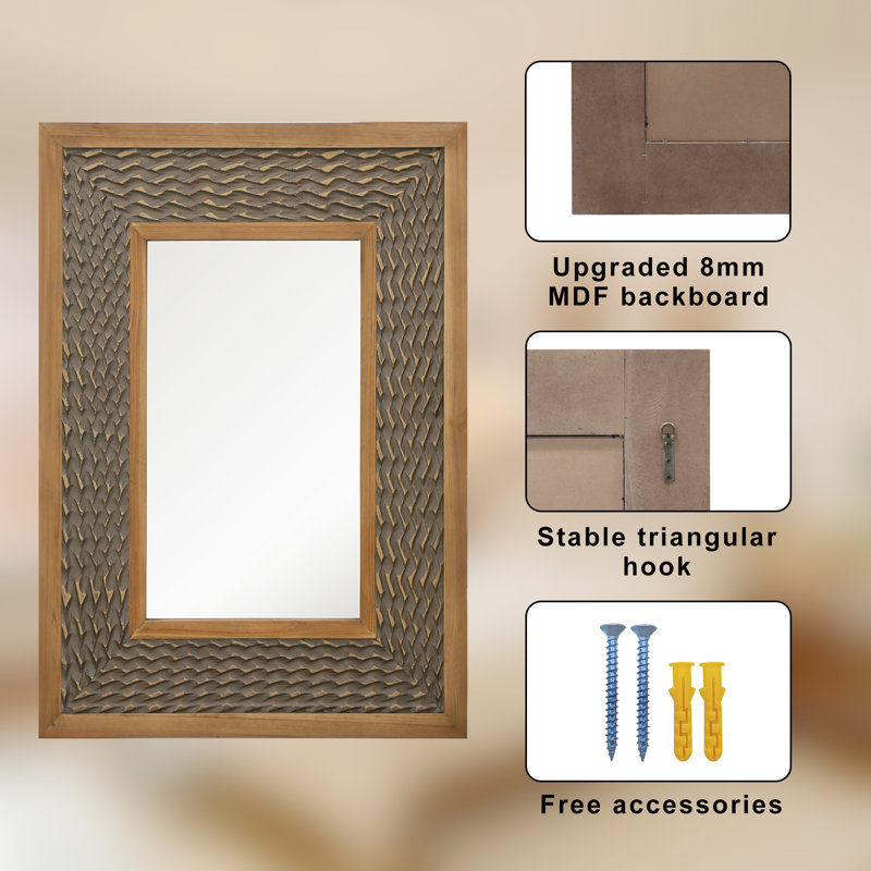 Rectangular Mirror with Textured Wooden Frame, Gray Wood