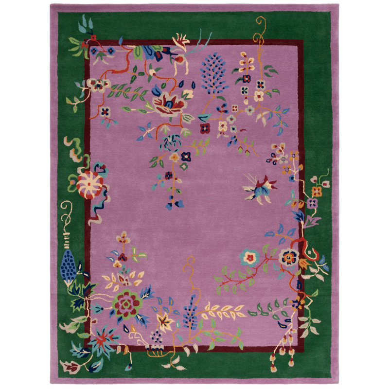 Phaong Hand Tufted Wool/Cotton Floral Rug in Purple/Green, Rectangle 9" x 12"