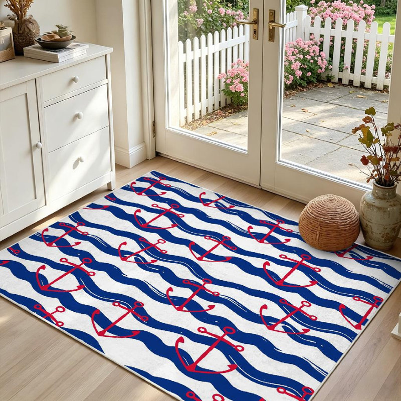 Tapis bleu marine bleu marine lavable à la machine avec ancre rouge, Rectangle 39 po x 63 po