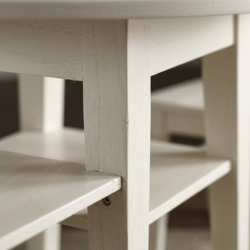Ensemble de salle à manger rond 3 pièces en bois d'hévéa massif blanc lin avec 2 chaises à dossier à lattes, siège en bois et deux rallonges rabattables de 28 cm (11 pouces).