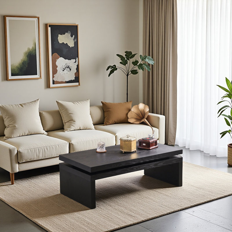 Table basse moderne en bois rustique moderne avec centre flottant, Noir, Noir