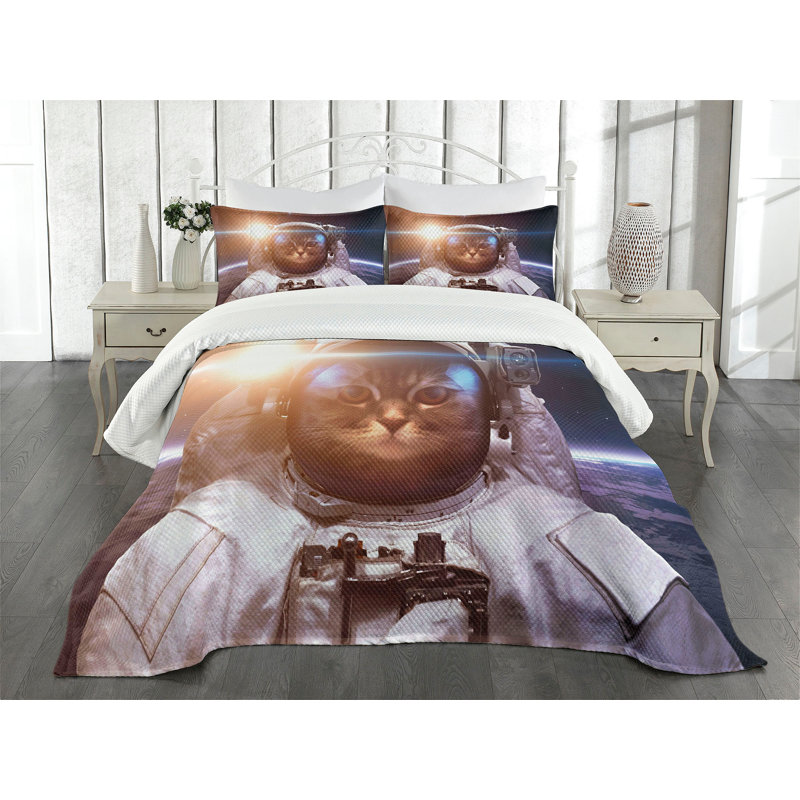 Ambesonne Space Cat Bedspread Set 3 Pcs Kitty Lunar Eclipse King White and Blue