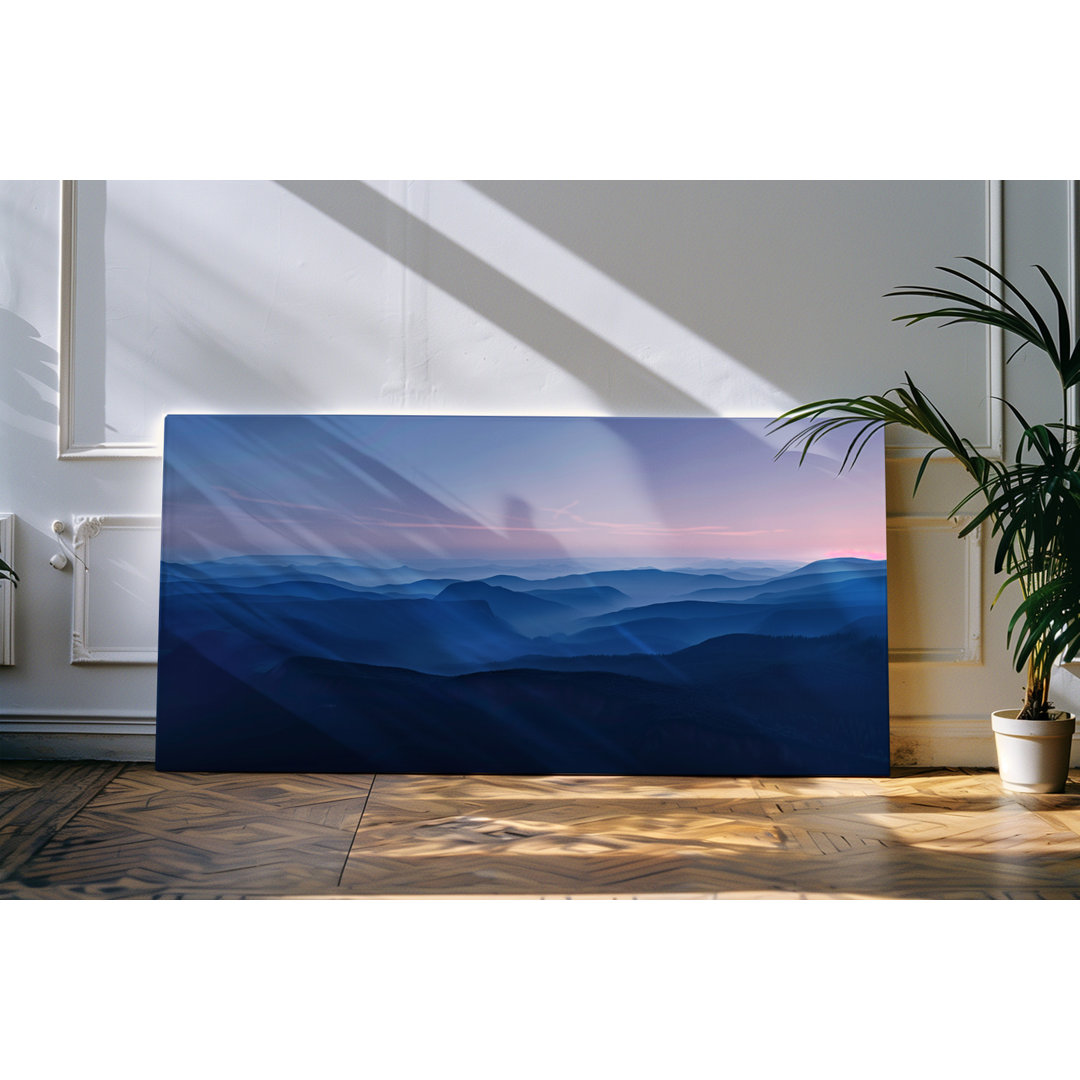 Gerahmtes Bild auf Leinwand 120x60cm Horizont Berge Natur Sonnenaufgang Blau Nebel