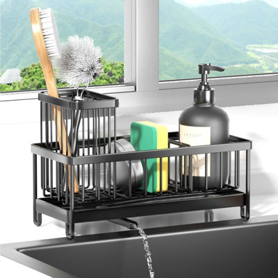 Stainless Steel Kitchen Sink Caddy Organizer With Draining Tray, Rustproof Sponge Holder For Sink, Adjustable Compartments, Space-Saving Design