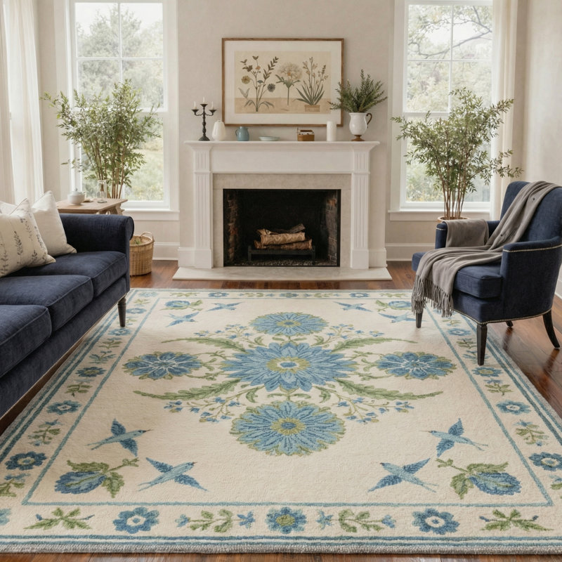 Aura Floral Machine Washable Blue / Beige / Green Indoor Area Rug with Non-Slip Backing, Rectangle 6' x 9'
