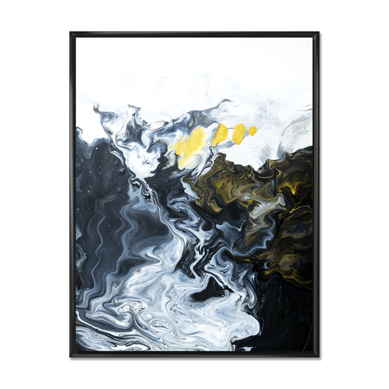 Or blanc et nuages de marbre jaune I - peinture sur toile, H 32 po x l 16 po, Cadre flottant noir