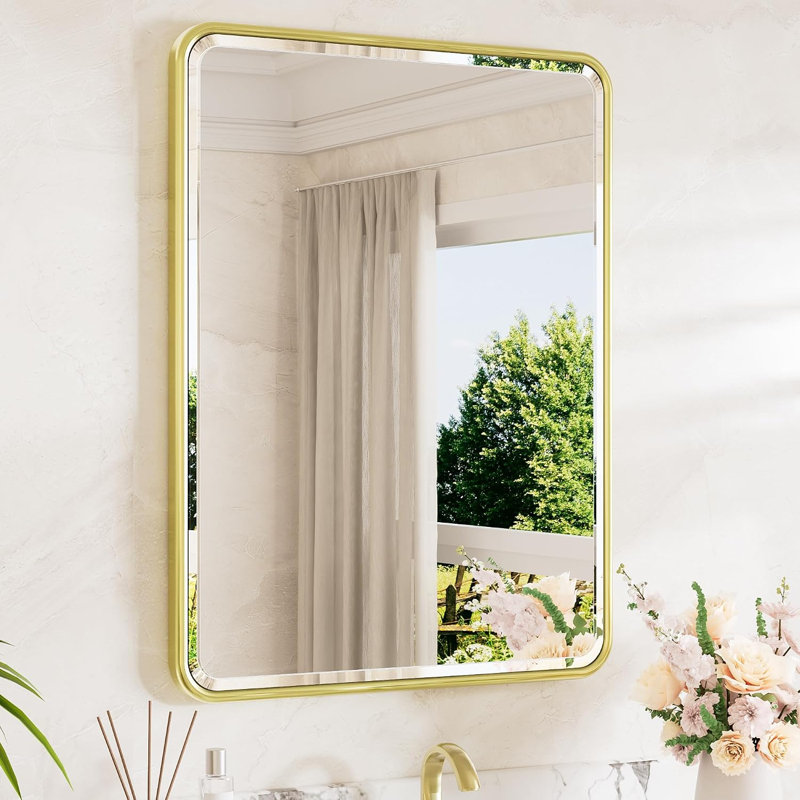 Miroir de salle de bain à cadre biseauté en verre trempé à bords biseautés 24 x 32, miroir de coin rectangulaire arrondi pour salle de bain moderne, salon, chambre à coucher, entrée