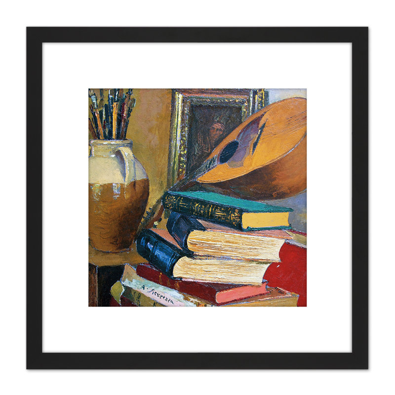 Sicurezza Still Life With Books Mandolin Painting by Antonio Sicurezza - Single Picture Frame Painting