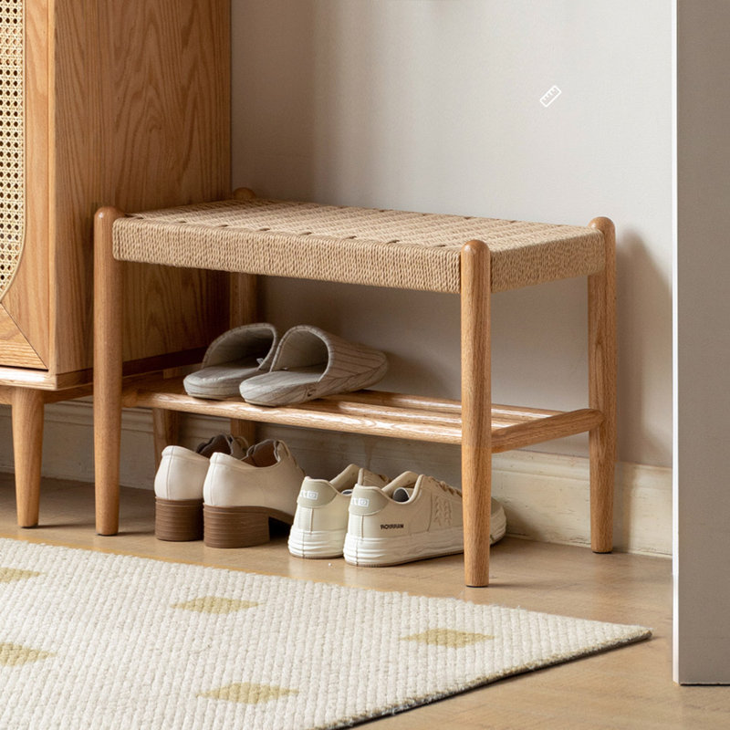 Solid Oak Assembled Shoe Bench with Shelf, 60cm, Oak Wood