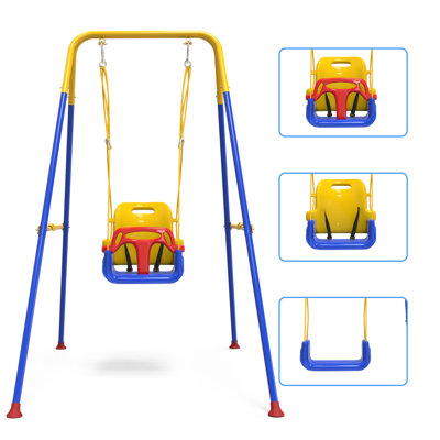 Balançoire pour tout-petits avec support métallique pliable, idéale pour l'intérieur et l'extérieur, à utiliser dans le jardin dès 6 mois. Couleurs : jaune et bleu.