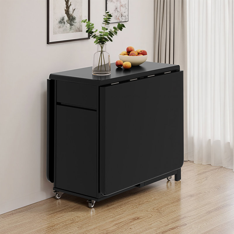 Folding Dining Table and 4 Chairs Set, 130CM/150CM Solid Wood Black Finish with Casters, Integrated Storage