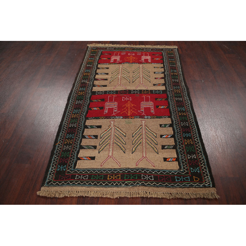 Tapis de la zone en laine rouge/beige/noir 3 pi 7 po x 5 pi 10 po one-of-kind main-noué la