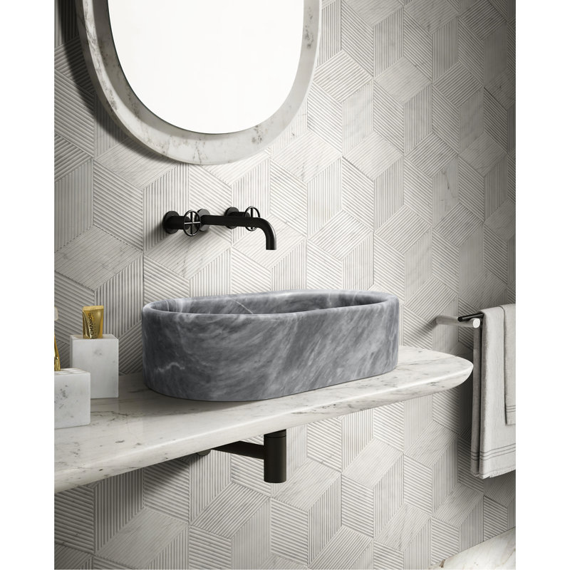Bathroom Vessel Sink Made From Gray Natural Marble, Unique Pattern, Smooth Surface, Spacious Basin Hand - Finished,