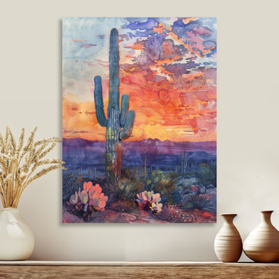 Cactus vert mauve, désert, coucher de soleil II - Cactus, art mural
