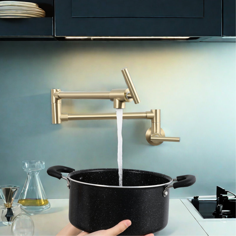 Gold Stretchable Pot Filler For Wall Mount Kitchen, Single Hole, Two - Handle Faucet, Modern Aesthetic, Ceramic Disc Shut Off Valves