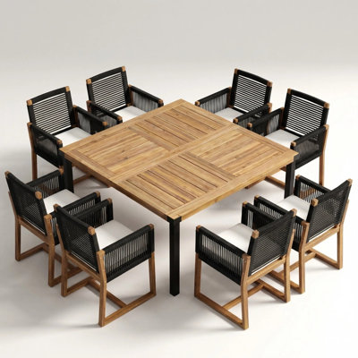 Sharp 9-Piece Modern Industrial Acacia Wood Patio Dining Set With Rope-Woven Armchairs And Acacia Top Iron-Leg Table