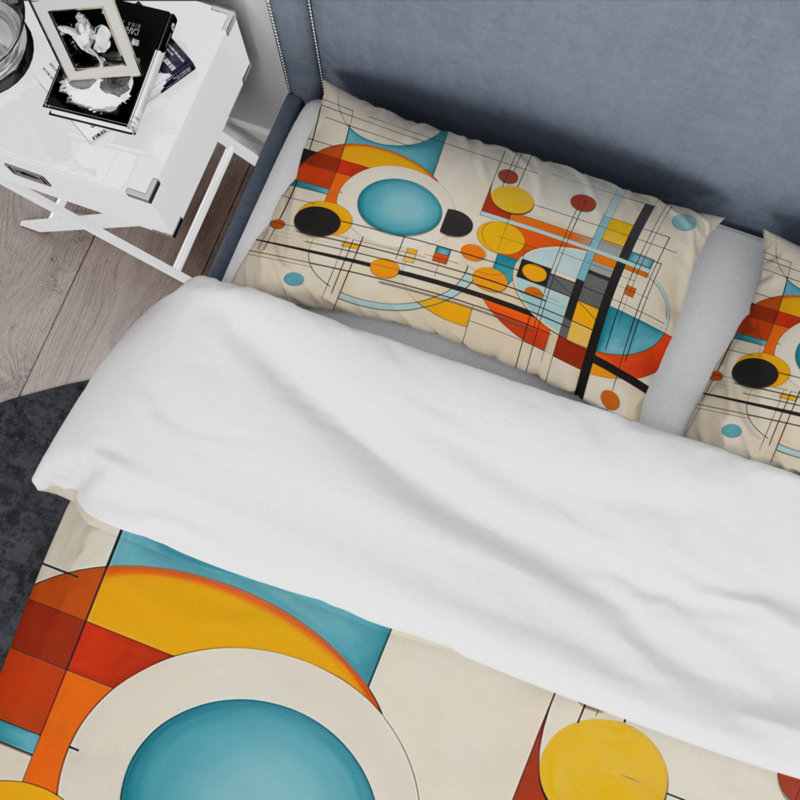 Ensemble de housse de couette orange et bleu Mid Century, Housse de couette simple + 1 taie décorative stan