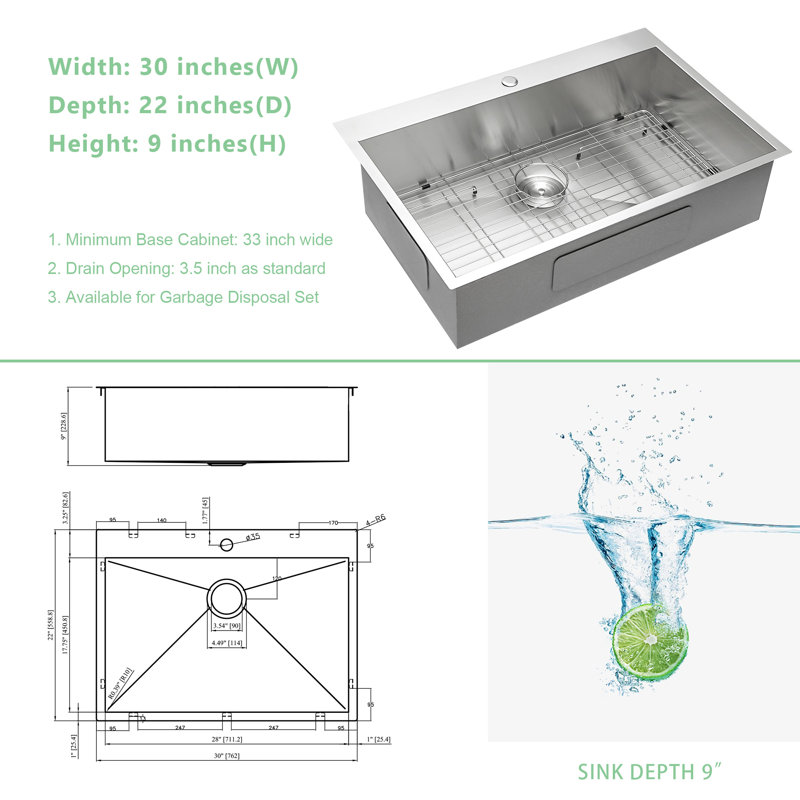 Drop-in Kitchen Sink 16 Gauge Stainless Steel Kitchen Sink Single Bowl Kitchen Sink, Stainless Steel, 30" L x 22" W