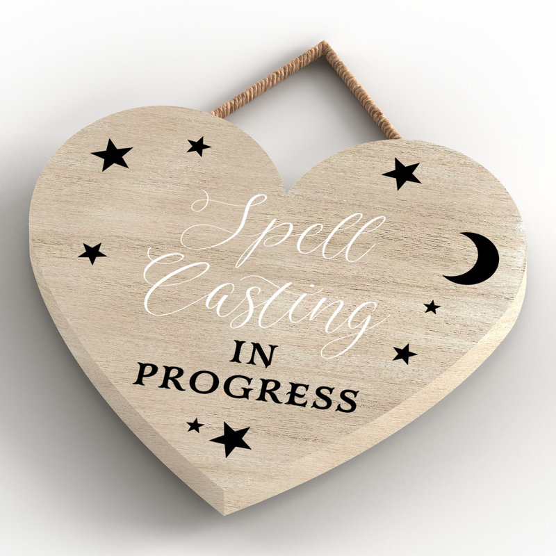 Witch Spell Casting Wooden Heart Plaque, Brown, 10cm H x 9cm W x 0.5cm D